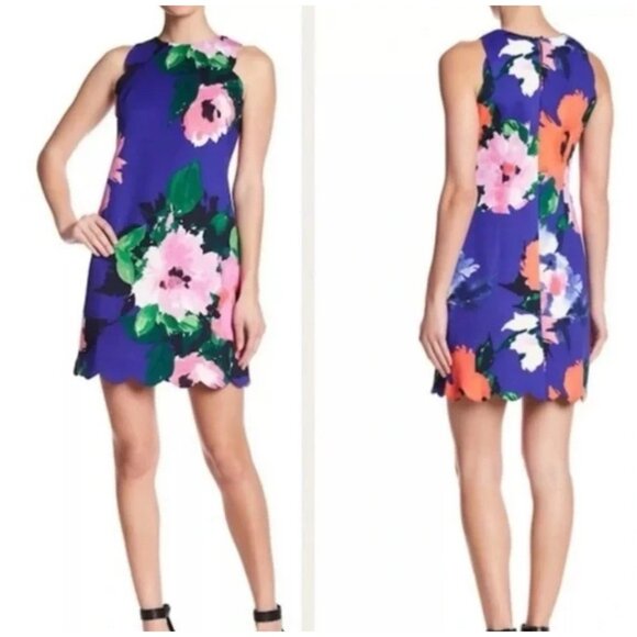 Vince Camuto Dress 10 Blue Pink Green Floral Stretch Career Church Washable NEW - Picture 1 of 14